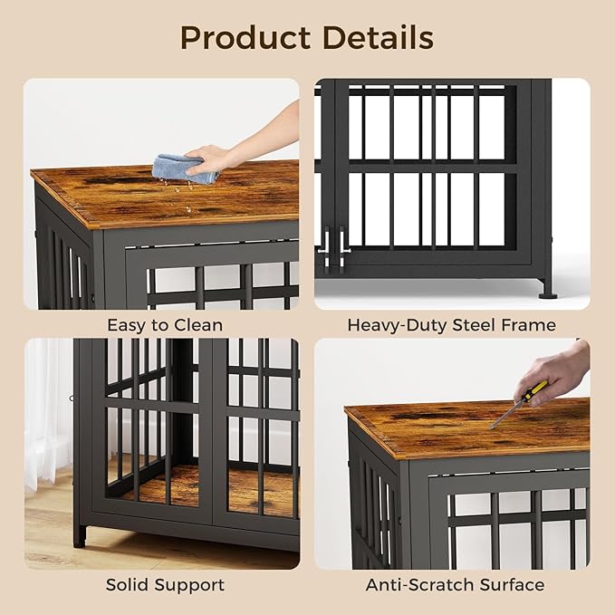 26 Inch Heavy Duty Wooden Dog Kennel End Table with Double Door Design and Secure Locks, Indoor Pet Crate Furniture for Small Dogs, Decorative Home Cage Design,Aged Black-PurrikoPets