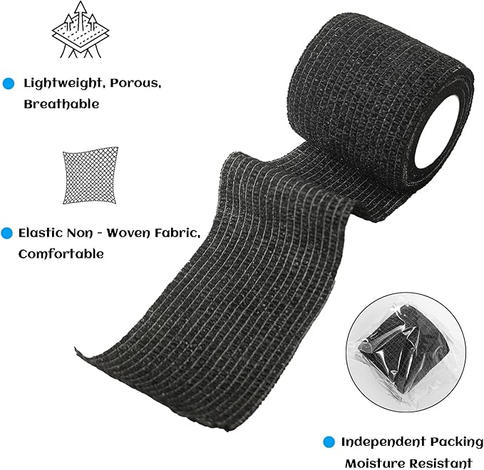 24 Rolls Black Elastic Self Adhesive Bandage Wrap, Breathable Flexible Fabric Non Woven Cohesive Bandage, Ankle Sprains Swelling Medical First Aid Sports Athletic Tape, Dogs Pet Vet Wrap 2 in-PurrikoPets