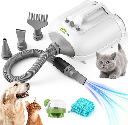 Dog Dryer for Pet Grooming Professional, 6HP/3500W High Velocity Blow Dryer for Dogs, Dual Motor Pet Dryer, Adjustable Temperature 95-125℉ & Airflow 0-90 M/S, 2.5-7.5 FT Hose with 4 Nozzles-PurrikoPets