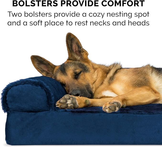 Furhaven Cooling Gel Dog Bed for Large Dogs w/ Removable Bolsters & Washable Cover, For Dogs Up to 125 lbs - Plush & Velvet L Shaped Chaise - Deep Sapphire, Jumbo Plus/XXL-PurrikoPets