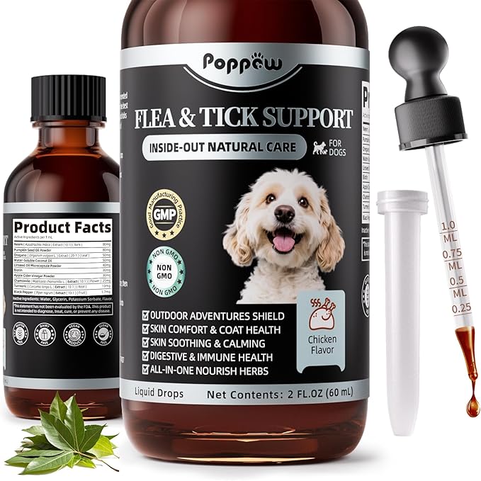 Dog Flea and Tick Support, Natural Herbal Flea & Tick Comfort for Dogs, Flea Liquid Drops Supplement for Dogs with Neem, Oregano, Pumpkin Seed Oil - Chicken Flavor, 2 FL.Oz - All Breeds & Sizes-PurrikoPets