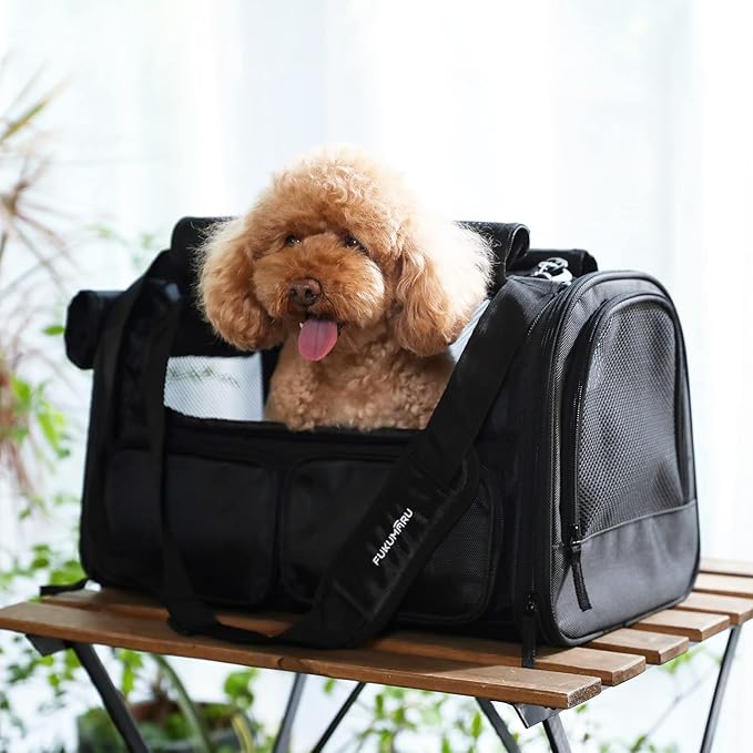 FUKUMARU Cat Carrier, 4 Mesh Windows Small Dog Carrier, 4 Storage Pockets Cat Travel Bag, Under 15 lb Airline Approved Pet Carrier, Rollable Cover for Nervous Cats, Black-PurrikoPets