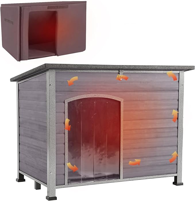 Aivituvin Dog House with Insulated Liner, Outdoor Indoor Weatherproof Dog House for Winter, Suitable for Small & Medium & Large Dogs with Unique All-Around Iron Frame(Grey)-PurrikoPets