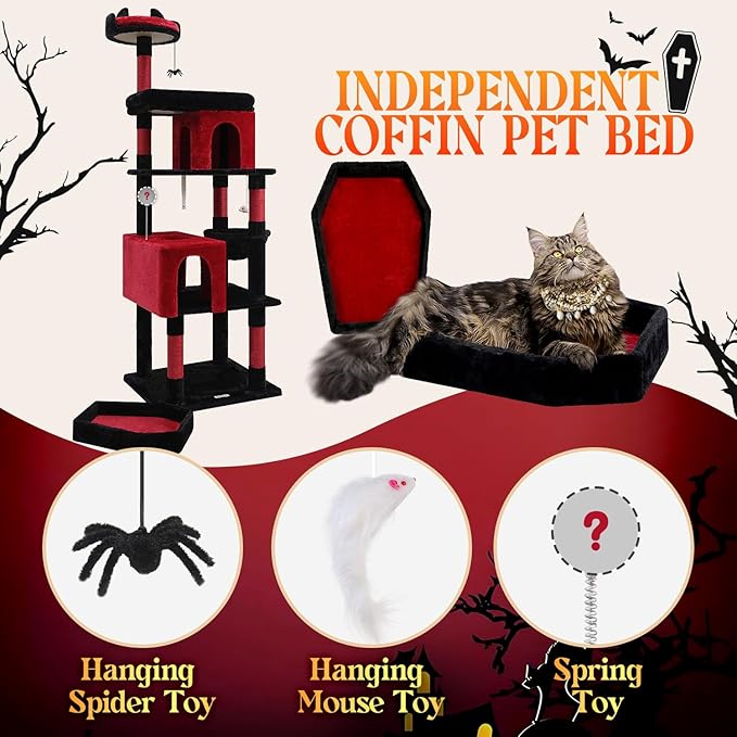 Globlazer Heavy Duty Gothic Cat Tree, 72in Large Cat Tower with Coffin Bed, Sturdy Maine Coon Cat Tree for Large Cats 20 lbs+, Medieval Castle Style with 6 Scratching Posts & Hammock, S72, Black & Red-PurrikoPets