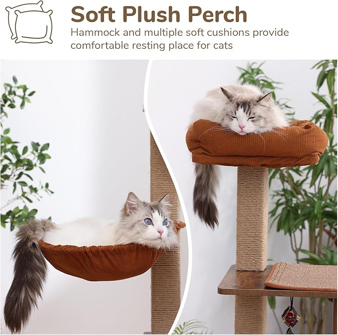FUKUMARU Cat Tree, 4 in 1 Large Modern Cats Tower with Jute Scratching Post and Hammock, Wood Cat Condo with silvervine Balls, Brown Cat Climber Stand Playhouse for Indoor Cats, Retro Style-PurrikoPets