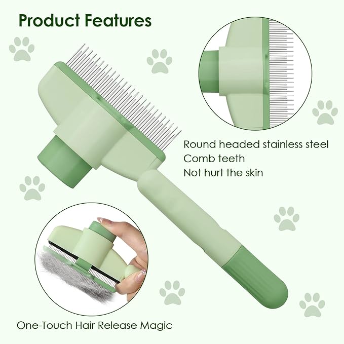 Flea Comb for Cat Hair Removal Comb, 2025 New Self-Cleaning Flea Brush for Cats and Dog, Comfort Cat Hair Removal Tool with Long & Short Stainless Steel Metal Grooming Brush(Green)-PurrikoPets