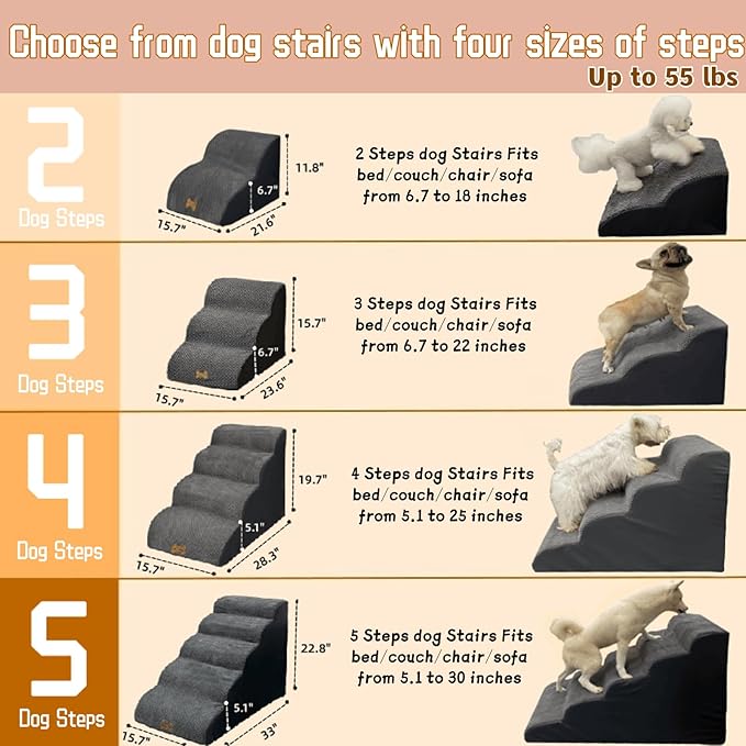 3-Step Dog Stairs for High Beds & Couches Multi-Step Non-Slip Pet Steps with Balanced Ramp Indoor 2 3 4 5 Step Stairs for Small to Large Dogs and Cats Non-Slip Stickers 30D Grey-PurrikoPets