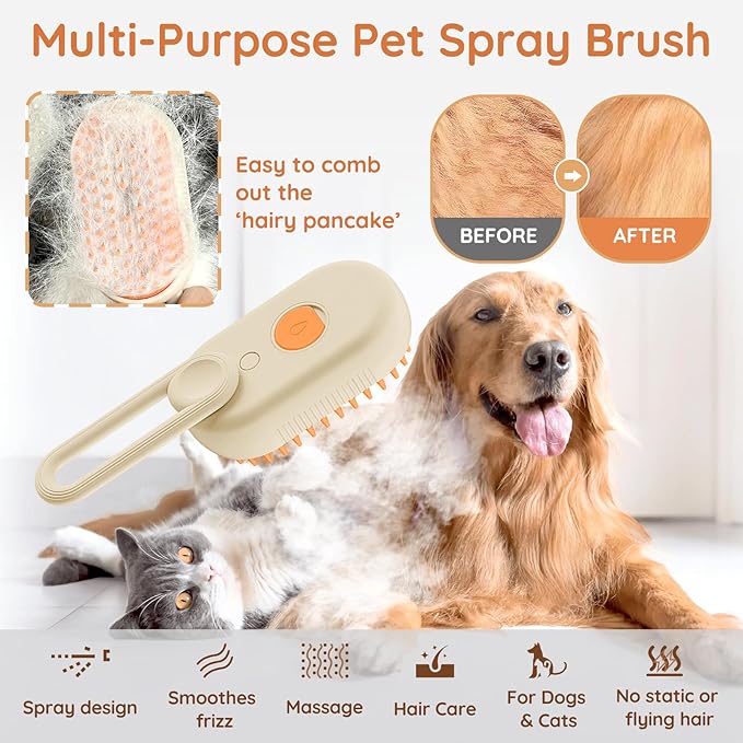 GKZ Cat Steam Brush, 3 in 1 Pet Comb for Massage, Cleaning, Shedding and Combing, Electric Mist to Prevent Flyaways for Home, Dogs and Cat Lovers - Khaki-PurrikoPets