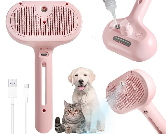 3-in-1 Steam Brush for Cats & Dogs – Hair Removal Comb with One-Click Release & Water Spray – Grooming Brush for Shedding, Long/Short Hair-PurrikoPets