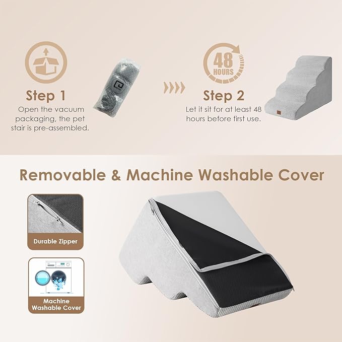 EHEYCIGA Curved Dog Stairs Ramp for High Beds 19.7" H, 4-Step Dog Steps for Small Dogs and Cats, Pet Stairs for High Bed Climbing, Non-Slip Balanced Pet Step Indoor, Light Grey-PurrikoPets