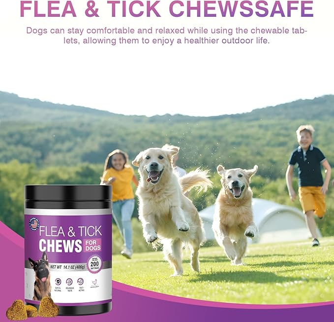 Dog Flea and Tick Treatment Chewable 200 Treatment Chews Natural Soft Chew Fleas Ticks Treatment Dog Oral Chewables Support Supplement Pest Defense Breeds and Ages Dogs Chicken Flavor-PurrikoPets