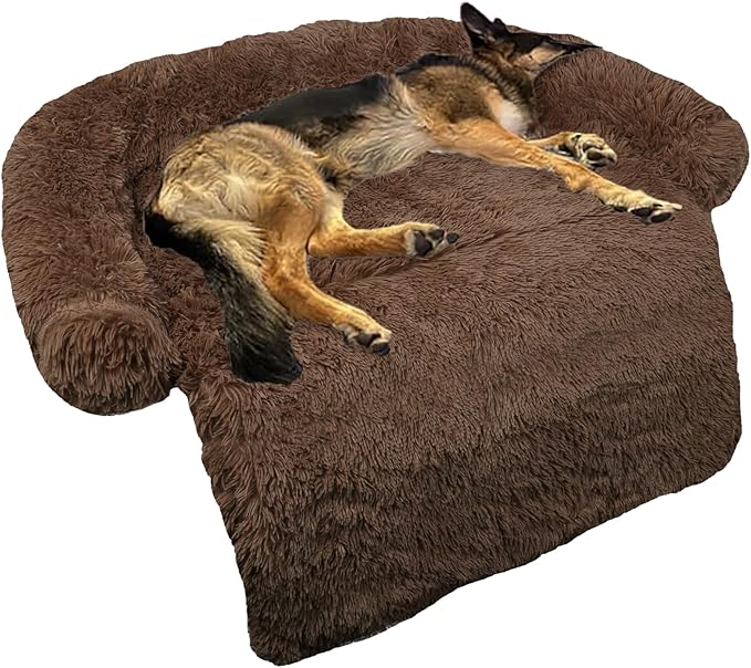 GGIB Calming Dog Bed Fluffy Plush Dog Mat for Furniture Protector with Removable Washable Cover for Large Medium Small Dogs and Cats (Large, Coffee)-PurrikoPets