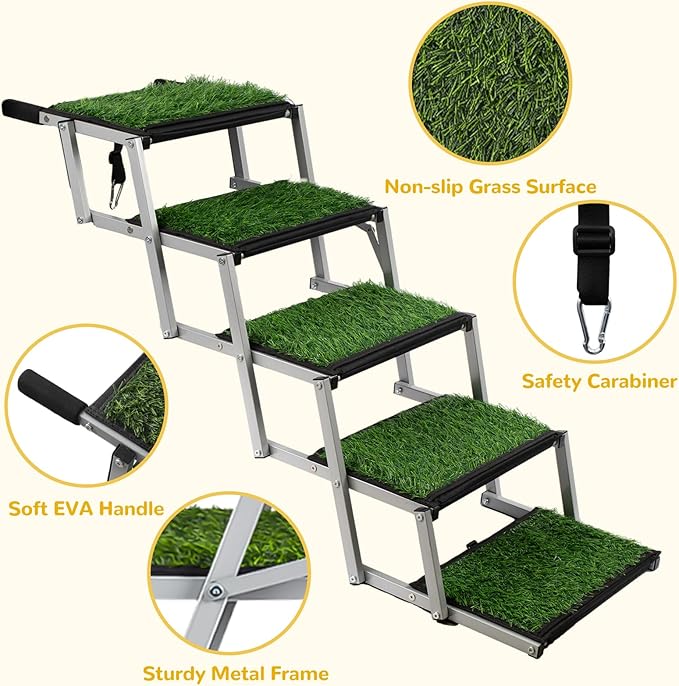 Dog Stairs for Car, Portable Folding Dog Ramps,Dog Steps for Large Dogs with Non-Slip Grass Rug for Cars, SUV, Trucks, Lightweight Pet Ramp Supports Up to 200 lb, 5 Steps-PurrikoPets