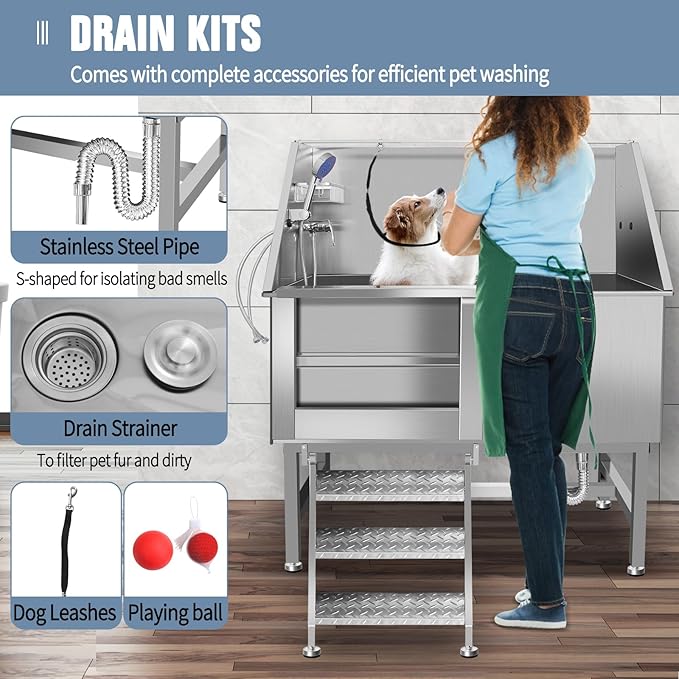 Dog Washing Station 38'' Stainless Steel Pet Grooming Tub for Large Dogs Over-Size Professional Dog Grooming Bathtub Station Wash Shower Sink Pet Grooming Bathtub Station-PurrikoPets