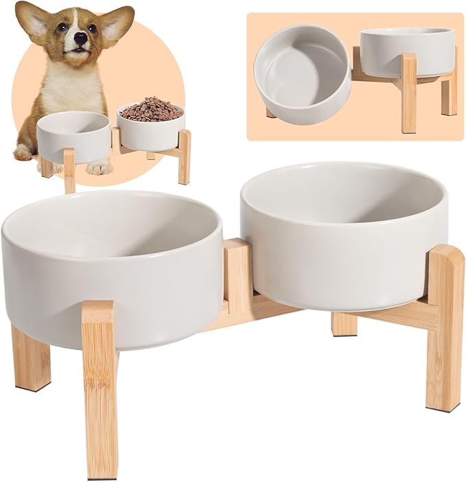 Elevated Ceramic Dog Bowl Set - Raised Dog Bowls with Non-Slip Bamboo Stand - Dog Food and Water Bowl Set - Double Dog Feeding Bowls - Suitable for Small and Medium Dogs - 28.74 OZ - 3.6 CUPS - 850 ML-PurrikoPets