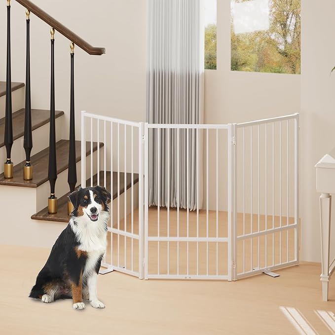 Full Metal Freestanding Dog Gate with Door, 36''Height Foldable Pet Dog Fence for Indoor & Outdoor, 3 Panels Extra Wide Free Standing TallDog Gates for Doorways,House,Stairs,Porch,Deck,Yard-PurrikoPets