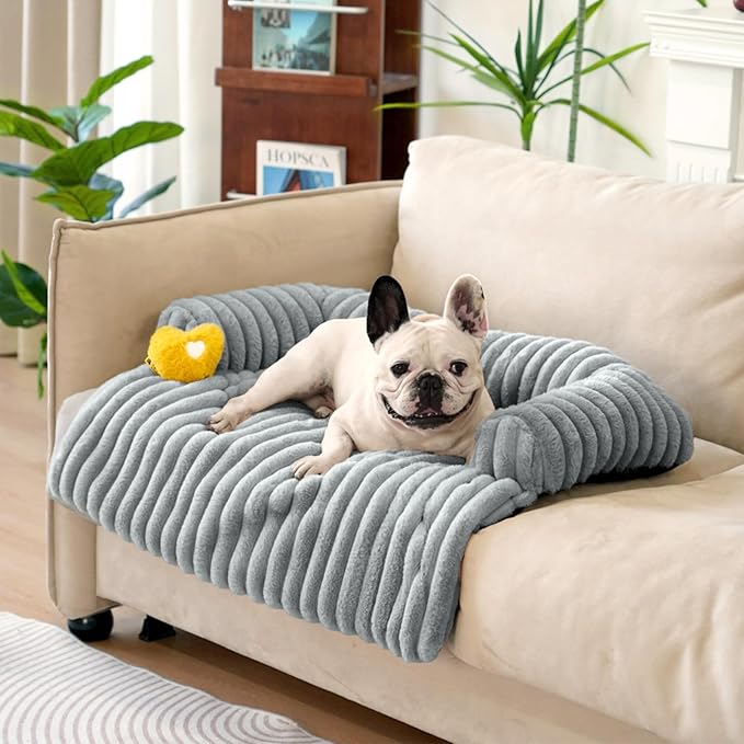 FUNNY FUZZY Pet Couch Cover for Sofa, Calming Dog Bed for Couch, Fluffy Plush Dog Couch Mat for Furniture Protector for Medium Dogs and Cats, 33×28 in, Mist Grey-PurrikoPets