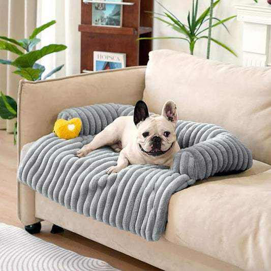 FUNNY FUZZY Pet Couch Cover for Sofa, Calming Dog Bed for Couch, Fluffy Plush Dog Couch Mat for Furniture Protector for Medium Dogs and Cats, 33×28 in, Mist Grey-PurrikoPets