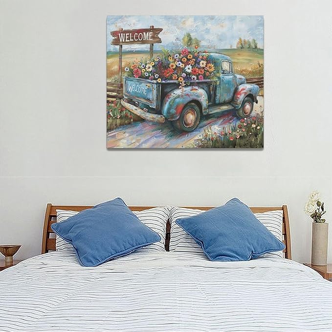 Farmhouse Truck Wall Art Rustic Country Wildflowers Wall Decor Road Flowers Landscape Pictures Canvas Print Painting Artwork for Bathroom Living Room Bedroom 20"x24"-PurrikoPets