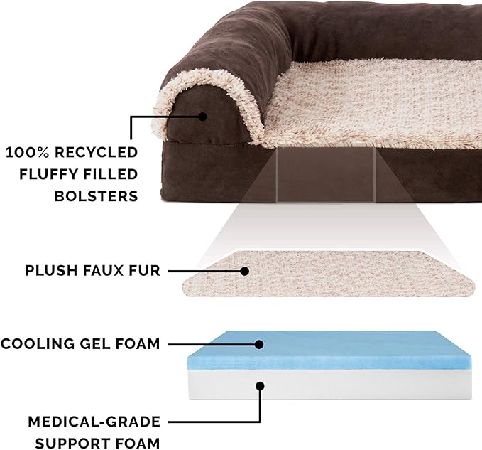 Furhaven Cooling Gel Dog Bed for Large Dogs w/ Removable Bolsters & Washable Cover, For Dogs Up to 125 lbs - Two-Tone Plush Faux Fur & Suede L Shaped Chaise - Espresso, Jumbo Plus/XXL-PurrikoPets
