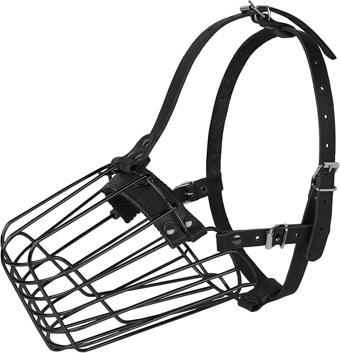 German Shepherd Dog Muzzle Metal Basket for Medium Large Dogs Adjustable Durable Leather Straps Secure Wire Mask for Biting Chewing Barking (Black, M - Size)-PurrikoPets