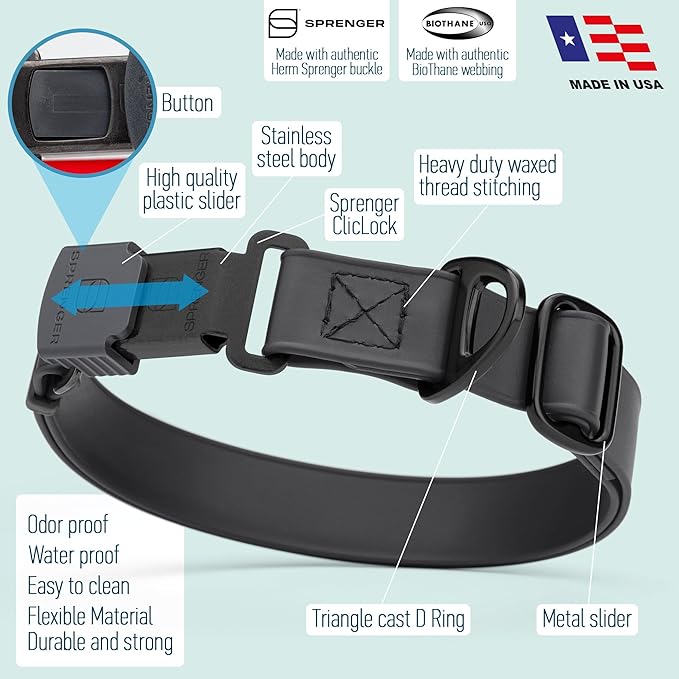 Dogline Biothane Waterproof Dog Collar with Herm Sprenger Stainless Steel Quick Release Buckle – Heavy Duty Tactical Durable Collar for Dogs – Comfortable and Safe Pet Collar, W 3/4" L 12-19", Black-PurrikoPets