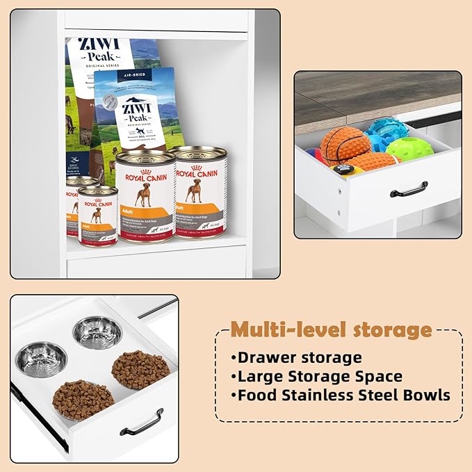 Extra Large Dog Crate Furniture, 85" Sliding Door Double Kennel for 2 Large Dogs Divided, Heavy Duty Wooden Dog Crate Kennel Furniture with 4 Dog Bowls and Drawer Indoor, White-PurrikoPets