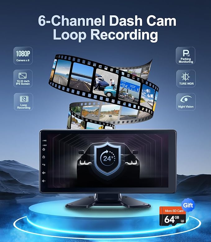 6-Channel Dash Cam 1080P Backup Camera System with 10.33 Inch Touch Parking Monitor,DVR Recording Back Up Camera for RV/Truck/Trailer/Van/SUV/Cars,Wireless Carplay/Android Auto/WiFi/Bluetooth/FM Radio-PurrikoPets