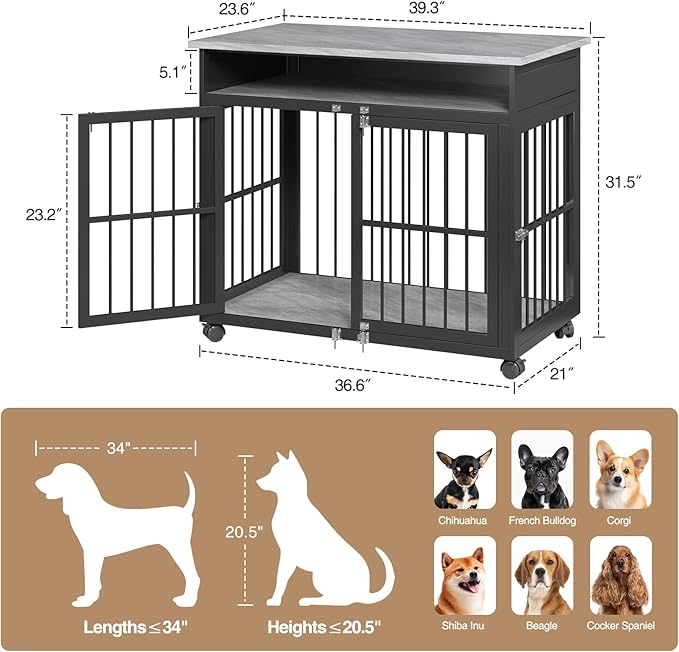 39.4" Dog Crate Furniture for Medium and Large Breed, Dog Kennel Furniture with Storage Shelf & Lockable Wheels, Heavy Duty Wooden End Side Table Pet Cage Indoor, Chew-Resistant, Grey-PurrikoPets