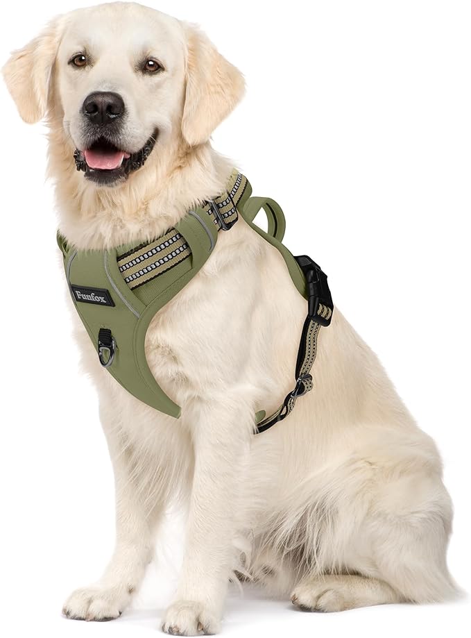 Funfox Dog Harness No Pull, Adjustable Pet Vest Harness, Super Soft Material with Vertical Handle Easy Control, Reflective Night Walking, 2 Leash Clips for XLarge Dogs, Army Green, XL-PurrikoPets