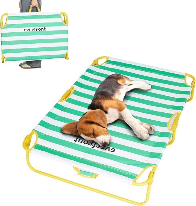 Dog Elevated Bed Foldable Portable Raised Bed Camping cot Outdoor Summer Dog Bed (Medium, GreenStripes-Oxford Fabric)-PurrikoPets