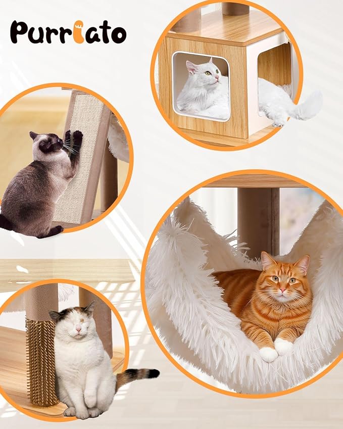 61" Wooden Cat Tree Tower for Indoor Cats, Luxury Modern Wooden Tower with XL Plush Lounge, Hammock & Scratching Posts for Maine Coon 20 lbs-PurrikoPets