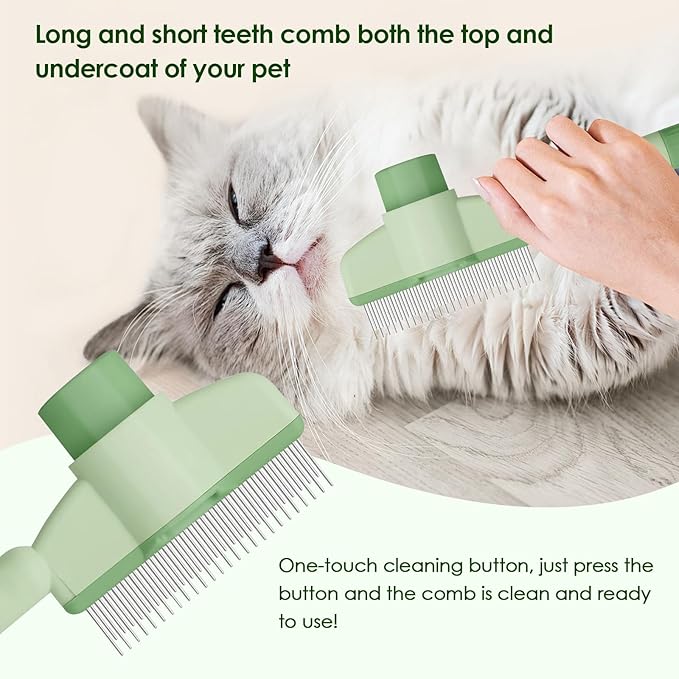 Flea Comb for Cat Hair Removal Comb, 2025 New Self-Cleaning Flea Brush for Cats and Dog, Comfort Cat Hair Removal Tool with Long & Short Stainless Steel Metal Grooming Brush(Green)-PurrikoPets