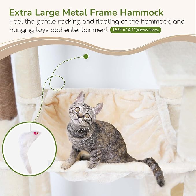 Globlazer Heavy Duty Cat Tree Tower, 70inch Sturdy Cat Tree for Indoor Cats Sturdy Large Cat Tower with Scratching Post and Scratching Board, Hammock, Cat Condo for Adult Cats Kittens, F70 Pro, Beige-PurrikoPets
