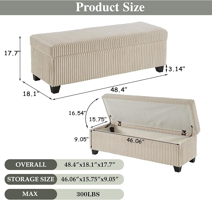 48" Ottoman with Storage, Corduroy Storage Ottoman Bench for Bedroom, End of Bed Bench with Safety Hinge for Living Room, Bedroom, Entryway, Beige-PurrikoPets