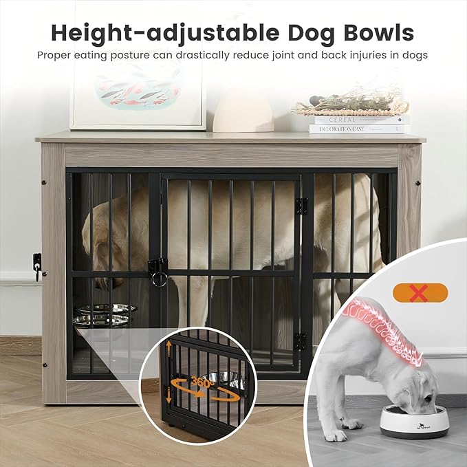 Gardner Pet Dog Crate Furniture for Medium Dogs, 38.8 Inch Dog Kennel Indoor, Wooden Dog Cage End Table with 2 Removable Bowls, Heavy Duty Dog Crate, Rustic Grey-PurrikoPets