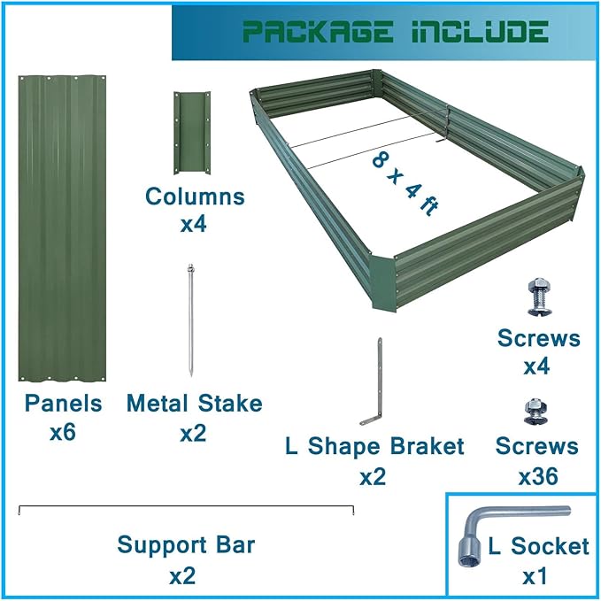 8x4x1ft Metal Raised Garden Bed Kit，Galvanized Garden Bed Box for Vegetables, Flowers, Herbs, and Succulents,240 Gallon Capacity - Green-PurrikoPets