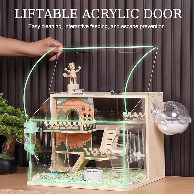 11 in 1 Wooden Hamster Cage with All Accessories, 15.8 Inch 3-Layer Dwarf Hamster Cage Acrylic,Small Animal Cages, Pastoral Style Mouse Cage for Pet Mice, Hedgehog, with Stairs, Fences and Swing-PurrikoPets