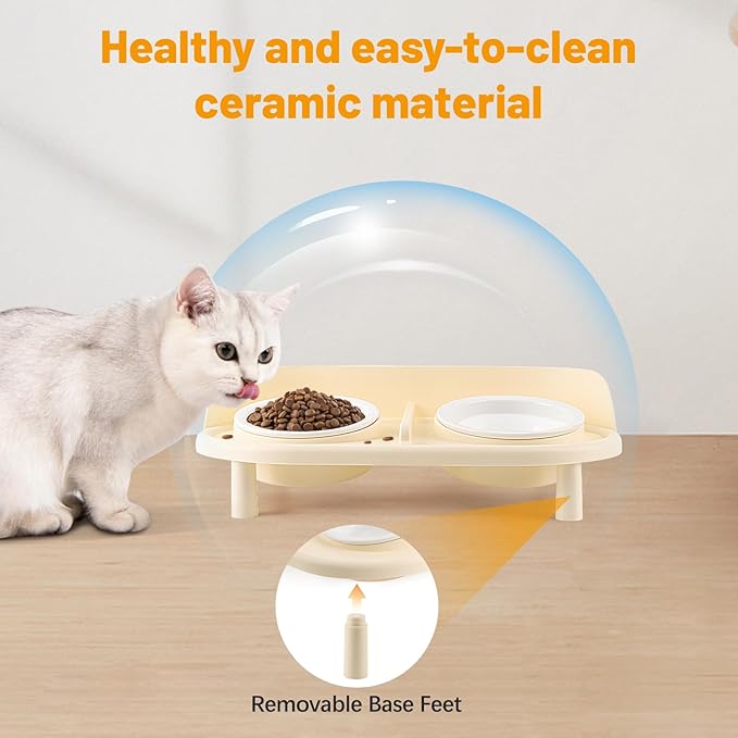 Elevated Cat Bowls, Tilted Rised Cat Food and Water Bowl with 2 Pcs Ceramic Pet Bowls, Rised Stand, Pet Dish Anti Vomiting Feeding Station for All Sized Cats & Small Dogs (Milk Coffee)-PurrikoPets