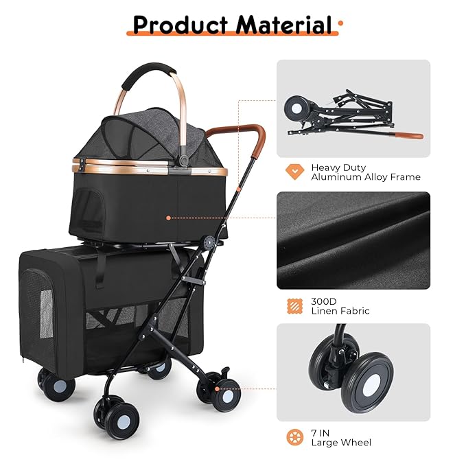 Double Pet Stroller for Small Medium Dogs - 4 In1 Dog Stroller for 2 Pets, Detachable and Foldable with 360°Rotating Wheels, Easy Assembly and Compact Size-PurrikoPets