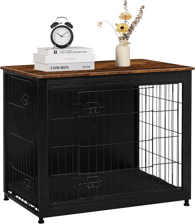 DWANTON Dog Crate Furniture with Cushion, Wooden Kennel Table with Double Doors, Indoor Dog House, Medium Size, 32.5" L, Black+Rustic Brown-PurrikoPets