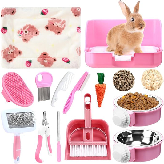 15 Pcs Rabbit Starter Kit Small Rabbit Litter Box Animal Grooming Kit Bunny Toys Bowl Blankets with Cleaning Set for Guinea Pig Accessories(Pink)-PurrikoPets