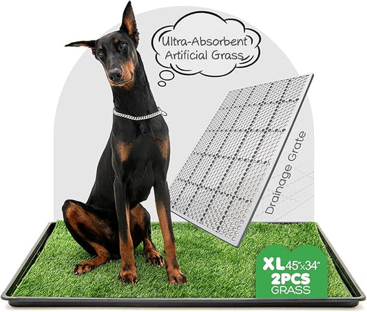 Dog Grass Pad with Tray, 45×34in XL Litter Box, 2×Grass Pad for Dogs Potty Washable, Thick Soft Odor-Free Hemmed Dog Pee Grass, Indoor Potty Training Balcony-PurrikoPets
