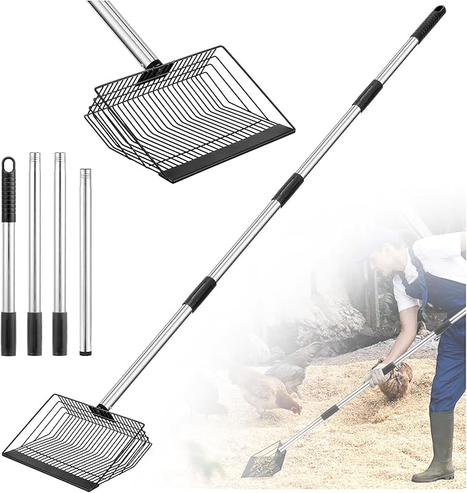 Adjustable Chicken Poop Scooper, Heavy Duty Stainless Steel Chicken Rake with 3-Slot Pole, Multi-Use Pet Waste Shovel & Hay Scooper - 36"/50"/64" Length-PurrikoPets