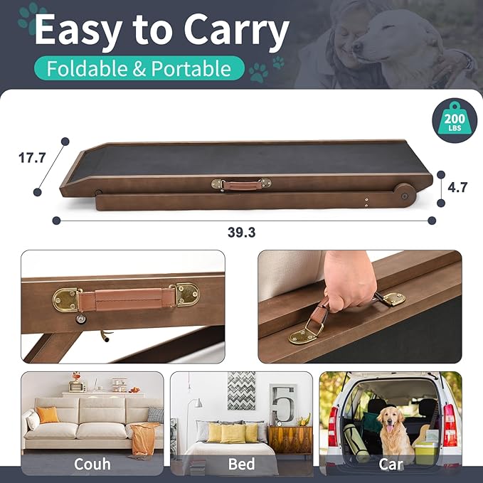 Dog Ramp, Adjustable Height Wooden Folding Pet Ramp for Bed, Couch,SUV-High Traction, Portable Paw Ramps for Small & Large Old Dogs & Cats - Furniture Quality-PurrikoPets