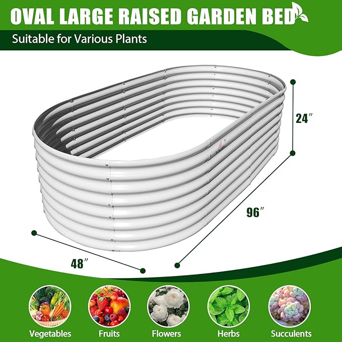 A ANLEOLIFE 8x4x2ft Galvanized Raised Garden Bed Kit, Oval Metal Deep Root Planters for Outdoor Plants Vegetables Flowers Herb, Large Bottomless, 478 Gallon Capacity- Antique White-PurrikoPets