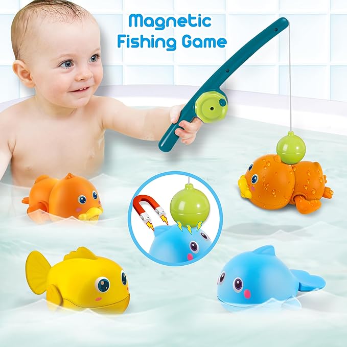 Dwi Dowellin Bath Toys for Toddlers, Magnetic Fishing Games Kids Bathtub Toys, Mold Free Wind-up Toys Swimming Fish Duck Whale Floating Water Toys for Kids Baby Infant-PurrikoPets