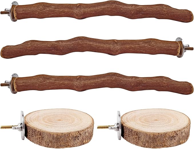 5PCS Bird Perch Stand Natural Wooden Parrot Stand Branch,3 Grape Wood Perch,2 Platform,Paw Grinding Fork Parakeet Chewing Stick Exercise Training Branches for Cockatiels,Small Birds-PurrikoPets