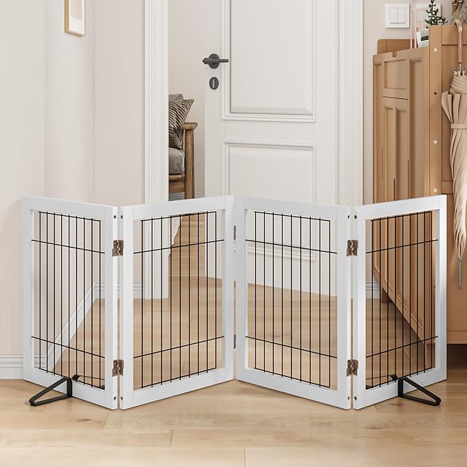 Dog Gate Indoor, Metal Dog Gates for Doorways House, 24-Inch Freestanding Pet Gates for Dogs, Puppy Fence (4 Panel, White)-PurrikoPets