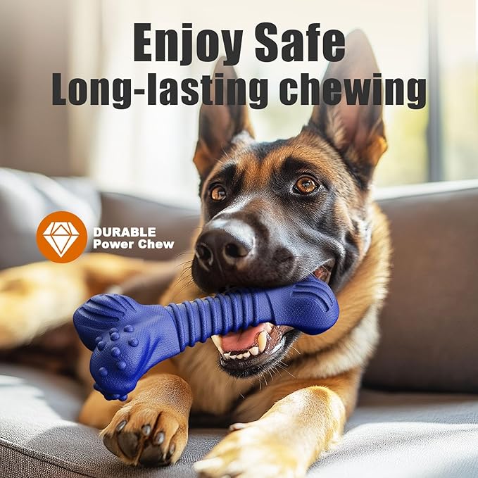 Dog Toys for Aggressive Chewers, Indestructible Chew Toys for Medium Large Dogs,Durable Rubber Dog Bones with Beef Flavor, Tough Dental Toy for Boredom Relief (Blue)-PurrikoPets